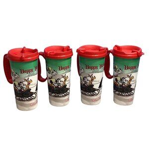 4 Disney Theme Park Souvenir Cup Happy Holidays Plastic Character Lid Vintage